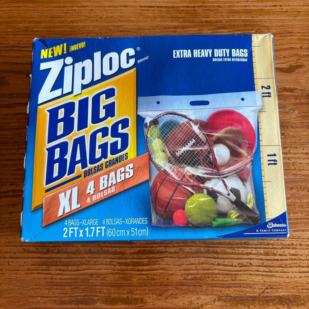 Ziploc Big Bag XL Double Zipper Handle Plastic Storage 4 Count Heavy Duty 10 Gal